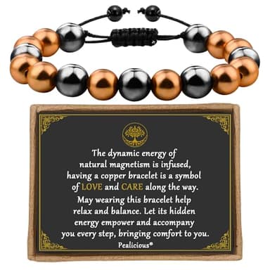 PEALICIOUS Copper Bracelet for Women and Men, 10MM Copper Magnetic Bracelet with 3500 Gauss Magnet Beads as Birthday Gifts for Dad, Cooper Hematite Jewelry Pulsera De Cobre para Mujer for Parents