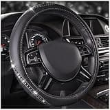 CAR PASS Bling Diamond Black Leather Steering Wheel Cover, Studded Crystal Rhinestones Universal Fit 14" 1/2-15" Glitter for Women Sparkle Girl Fit Suvs,Vans,Sedans,Car,Trucks, Silver Diamond