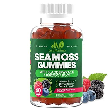 Sea Moss 3000mg Gummies with Bladderwrack and Burdock Root - Natural Irish Sea Moss Superfood for Immune, Thyroid and Detox Support - Extra Strength for Men & Women - Gluten-Free, Vegan - 60 Gummies