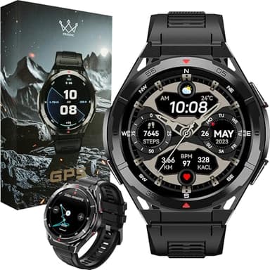 Military GPS Smart Watch: 1.43” AMOLED Always On Display, Built-In GPS, Compass, Altimeter, Barometer, Fitness/Path Tracker, BT Call, 150+ Sports, IP69K, Voice Assist, Long Battery Life, Android/iOS