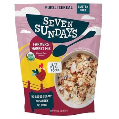 Seven Sundays Organic Muesli Cereal, Farmers Market Almond Date Currant, 12 Oz Bag, Gluten Free, 0g Added Sugar, Enjoy Warm, Cool or as Overnight Oats