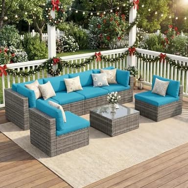 Green4ever 7 Piece Outdoor Patio Furniture Sets, Wicker Patio Outdoor Sectional Sofa with Glass Table Removable Cushions, All Weather Patio Conversation Sets for Porch Balcony Backyard, Light Blue