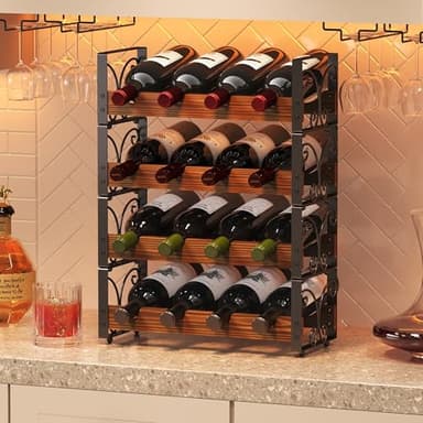 X-cosrack Wine Rack Freestanding Floor with Patent Design, Wooden & Metal Wine Bottle Holder, 4 Tier 16 Bottles Stackable Wine Storage Racks for Kitchen Counter or Bar, Wine Display Shelf