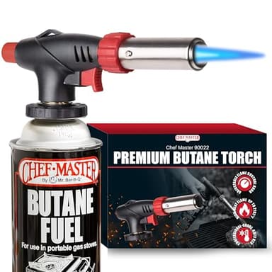 Chef Master Butane Torch Lighter, Refillable Kitchen Torch, Cooking Torch, Adjustable Flame for Creme Brulee, Desserts, BBQ, Crafts, Soldering, Indoor & Outdoor Use - Butane Not Included Model 90022