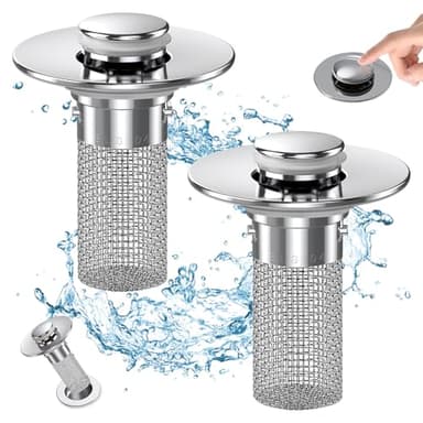 Bathroom Sink Drain Strainer, Pop Up Sink Drain Filter with Removable Stainless Steel Filter Basket Hair Catcher, Bathroom Sink Drain Stopper, for Us Bathroom Sink Stopper Replacement (2pcs)