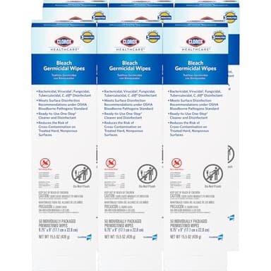 Clorox Healthcare Bleach Germicidal Individual Wipes, 6.75" x 9", 50 Count, Pack of 6 (Package May Vary)
