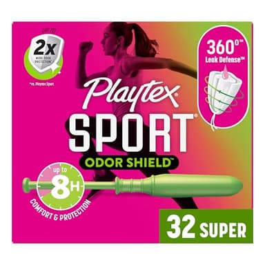 Playtex Sport Odor Shield Tampons Super Absorbency, Unscented - 32ct | Super Tampons for Women, Feminine Care, Playtex Tampon with 360 Leak Defense and Odor Control