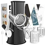 Cambom Rotary Cheese Grater Hand Crank Cheese Shredder for Fresh Cheese, Vegetable, Nuts,Non-slip Suction Base, Free Cleaning Brush Three Blades, Black