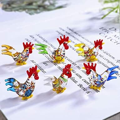 HDCRYSTALGIFTS 6pcs 1.5'' Glass Rooster Chicken Figurine Country Kitchen Decoration Style Miniature Hand Blown Cock Collectible Figure Gifts for Women