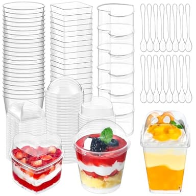 Soelomu 410 Pcs Mini Plastic Dessert Cups with Spoons | Serves 130 | 6 oz Round 5 oz Heart & 5 oz Square Dessert Shooters | Small Valentine's Day Party Serving Glasses Set for Parfait, Appetizers