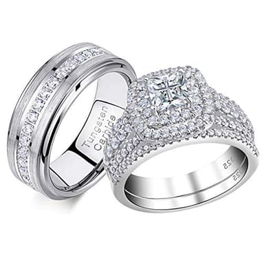 Newshe Jewellery Wedding Rings Set for Him and Her Women Mens Tungsten Bands Cubic Zirconia Princess Cross 925 Sterling Silver Bridal Engagement Promise Anniversary Size 7&9