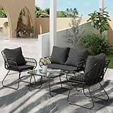 LEX CRAFT 4-Piece Outdoor Rattan Patio Furniture Set with Cushions & Tempered Glass Table, All-Weather Wicker Conversation Set for Garden, Poolside, Porch-Black