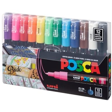 uni Posca Acrylic Paint Art Markers, Set of 12 Extra Fine Point Thin Paint Pens for Coloring Gifts, Fabric, Metal, Glass, Rocks, Wood and Canvas, Assorted Colors, PC1M12C
