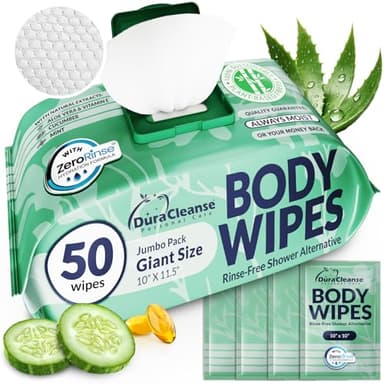 Body Wipes for Women, Extra Moist No Rinse Bathing Wipes-50 XL Shower Cloths + 4 Travel Size Bath Sheets -10x11.5" After Gym & Post Workout Deodorant, Disposable Washcloths, Womens Hygiene Essentials