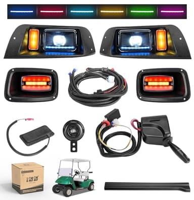 10L0L Deluxe Golf Cart Light Kit for EZGO TXT 1996-2013 12V-48V, Headlight Taillight with RGB Daytime Running Lamp Low High Beam Turn Signal Brake Pad Hazard Light