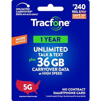 Tracfone $240 Unlimited Talk & Text Plus 36 GB of Data Annual Prepaid Plan(Physical Delivery)