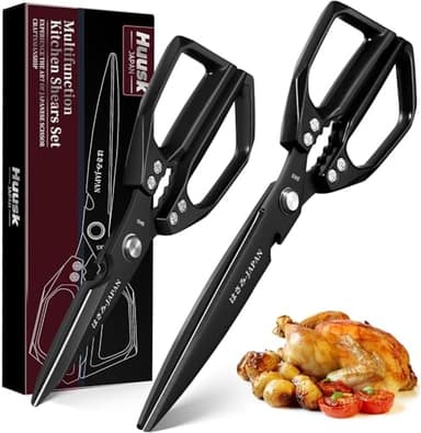 HUUSK Kitchen Scissors Set Black - Upgraded Stainless Steel Kitchen Shear, Sharp Meat Scissors, Heavy Duty Poultry Shears, Japanese Cooking Scissor for Food, Dishwasher Safe Christmas Gifts for Women