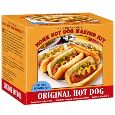 Hi Mountain Seasonings ǀ ORIGINAL HOT DOG Making Kit ǀ Includes Seasoning, Collagen Casings, and Simple-to-Follow Directions ǀ Creates 23 lbs of Delicious Hot Dogs