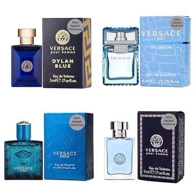Versace Cologne for Men Set of 4 Mini Eros, Pour Homme, Dylan Blue, Eau Fraiche Perfume for Men Fragrance Sampler Set - Designer Mens Cologne Samples (4 Count, 0.17 oz)