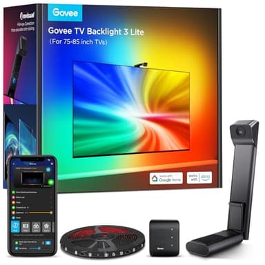 Govee TV Backlight 3 Lite with Fish-Eye Correction Function Sync to 75-85 Inch TVs, 16.4ft RGBICW Wi-Fi LED Strip Lights with Camera, 4 Colors in 1 Lamp Bead, Voice and APP Control, Adapter