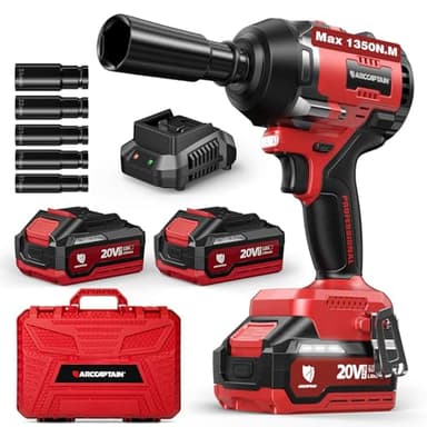 ARCCAPTAIN Cordless Impact Wrench, 1350N.m (1000Ft-lbs) 1/2" High Torque Impact Gun, 15C High-Rate 2x4.0Ah Batteries, 20V Power Impact Driver, Supports Up to 40mm Socket for Heavy Truck/Car/Pickup