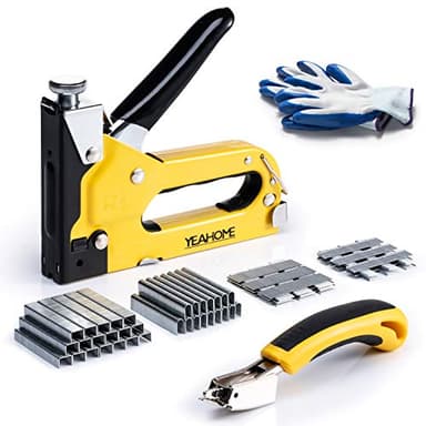 Upholstery 4 in 1 Staple Gun Heavy Duty, with 6000 Staples, Remover, Gloves, Manual Brad Nailer Power Adjustment Stapler Gun for Wood, Upholstery, Carpentry, Decoration DIY Staple Gun