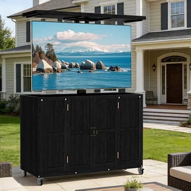Buymoth Motorized TV Lift Cabinet Solid Wood Indoor/Outdoor TV Cabinet with 360° Rotating Wheels Waterproof Motorized TV Stand for 32" to 65" Screens with Remote (Black)
