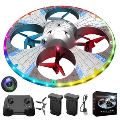 Round Foam RC UFO Drone with Camera, Multi-Color LED Lights (Color Switching), 360° Flips, Speed Adjustment, Beginner-Friendly FPV Quadcopter Airplane (Silvery)