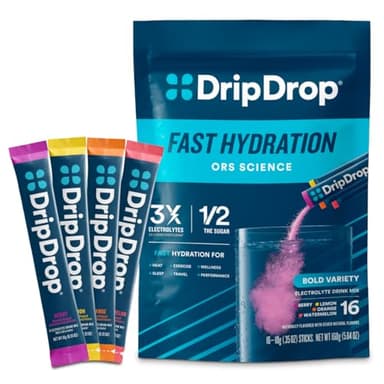 DripDrop Hydration Packets - Bold Variety Pack - Single Serve Electrolytes Powder Drink Mix - Watermelon, Berry, Lemon, Orange - Non-GMO, Gluten Free, Vegan - 16 Sticks