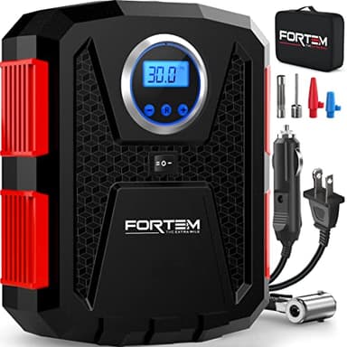 FORTEM Tire Inflator Portable Air Compressor, Air Pump for Car Tires and Bikes, Car Tire Pump w/Auto Shut Off, 150 PSI, 110V AC 12V DC, LED Light, Carrying Case, for Men, Women