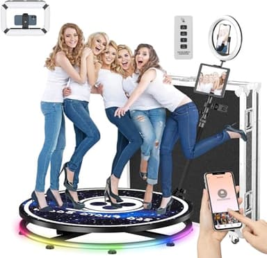 360 Photo Booth 45.3" Machine 7 People Stand Extra Free Battery Pack+Power Bank+Ring Light+Free Custom Logo with Extra Replacement Accessories, Software APP Control with Flight Case