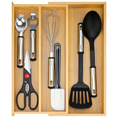 Large Bamboo Silverware Drawer Organizer Tray Kitchen Tool Drawer Divider Organizers Storage Expandable Cooking Utensil Organizer Wooden Cutlery Tray Spoon Flatware Organizers Utensil Holder Drawers