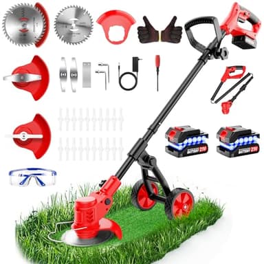 Electric Weed Wacker Cordless, 4000mAh Weed Eater Battery Powered with Wheel, 4 in 1 Grass Trimmer/Heavy Duty Brush Cutter/Lawn Edger/Weed Trimmer, No String Trimmer with Blade, 2 Battery Garden Tool