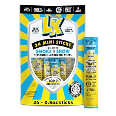 Lorissa's Kitchen Smoke Show Seasoned & Smoked Mini Beef Sticks - (Pack of 24) 0.5 oz Meat Sticks - Ready to Eat Protein Snacks - Free from Top 9 Allergens - Made with Grass-Fed & Finished Beef