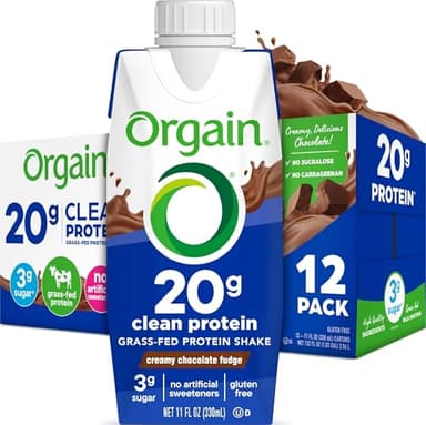 Orgain 20g Clean Grass Fed High Protein Shake, Chocolate, 11 oz, 12pk