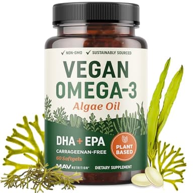 Vegan Omega 3 Algae Oil | Plant Based DHA EPA | Sustainably Sourced, No Carrageenan, Non GMO | Heart, Brain, and Eye Health | Fish Oil Alternative | Algae Omega 3 Supplement | 60 Softgel Capsules
