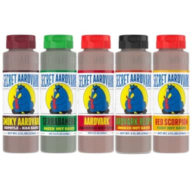 Secret Aardvark Hot Sauce Variety Pack - Smokey Chipotle, Reaper, Red Scorpion, Serrabanero, & Habanero Hot Sauce, Low Carb, Hot Sauce & Marinade Gift Set - 8 fl oz 5 Pack