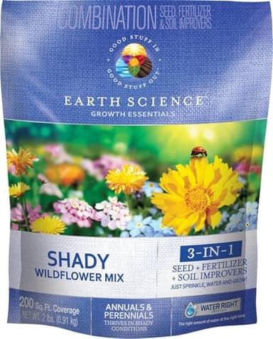 Earth Science Shady Wildflower Mix -2lb- 3-in-1 Formula with Premium Wildflower Seeds, Plant Food and Soil Conditioners - Non-GMO, Natural Ingredients
