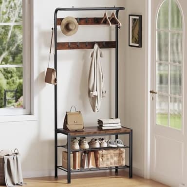 NEWBULIG Hall Tree with Shoe Bench and Coat Rack, 4-in-1 Entryway Organizer with 10 Hooks and Storage Shelf, Rustic Wood Finish Entryway Bench for Mudroom, Living Room, Bedroom, Brown