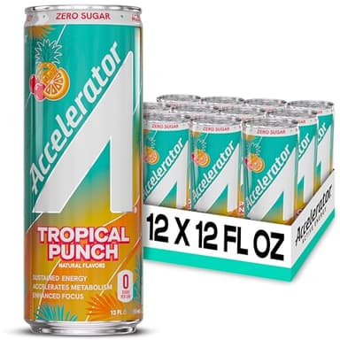 Accelerator Energy Drink, Tropical Punch, 12oz can (12 pack), Zero Sugar, Sustained Energy from 100% Natural Caffeine (200mg from Green Coffee Bean & Green Tea extract)