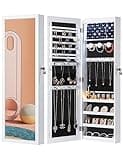 Nicetree 6 LEDs Mirror Jewelry Cabinet, Large Capacity Lockable Jewelry Armoire Organizer, Door or Wall Mounted Mirror with Jewelry Storage, Christmas Gifts, White