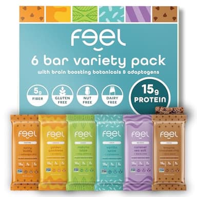 Feel Vegan Protein Bars, Variety Pack, Adaptogenic Snack, Keto, Gluten Free, Organic, 15g Protein, Low Carb, Dairy Free, 6 Flavors, Non GMO, Soy Free, Grain Free, 6 Pack
