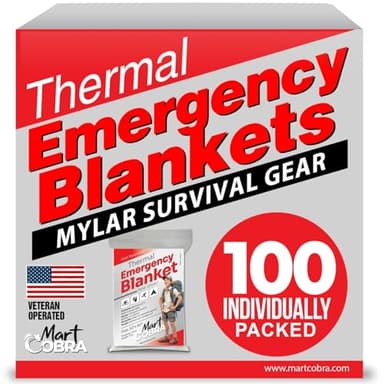 Mart Cobra Emergency Blanket 100-Pack | Reflective Thermal Blanket | Survival Gear | Lightweight Mylar Blankets | Retains 90% Body Heat | Essential for Camping, First Aid, Homeless Care Package Bulk