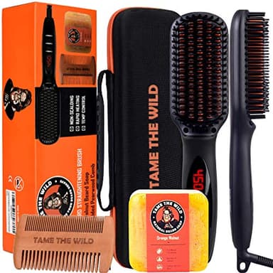 TAME THE WILD MAKE YOUR BEARD BEHAVE Beard Straightener for Men Kit - Includes Portable Heated Beard Brush, Beard Soap, Pearwood Comb, & Storage Case