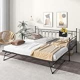 kuurfuurdo Twin Daybed with Trundle and Storage Bag, Metal Daybed with Pop Up Trundle, Day Bed Farm with Steel Slat Support Sofa Bed for Kids Teens Adults Living Room, No Box Spring Needed