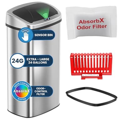 iTouchless 91 Liter / 24 Gallon Sensor 2.0 Kitchen Trash Can with Lid, Commercial Grade Automatic Stainless Steel Touchless Recycle Bin, AbsorbX Odor Filter, for Home, Office, Restaurant, Lobby, Store