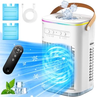 CENSTECH 4-IN-1 Small Air Conditioner w/ 2Ice Packs, 16.5ft Remote, 1200ML Tank, 7H Smart Timer, 3Speed & 2Cool Mist Up to 100Sq.ft Personal Air Conditioner, 7Color Light Portable AC Unit for Bedrooms
