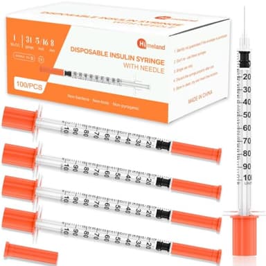 Himeland U-100 1ml/cc Disposable Insulin Syringe with 31G 5/16" (8mm) Needle | 100 Pack Individually Wrapped | Lab Supplies