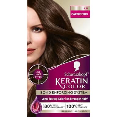 Schwarzkopf Keratin Permanent Hair Dye Cream, 4.0 Cappuccino, Professional Quality Color for Up to 100% Gray Coverage, Bond Enforcing System
