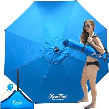 Xbrella - High Wind Beach Umbrella Windproof Sun Shade PATENTED Sand Anchor Base Large 7.5’ Round Heavy Duty Best Long Lasting Acrylic Fabric Can Handle 40+ MPH